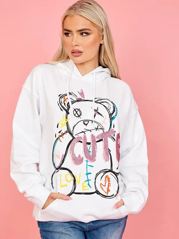 White Cute Teddy Graphic Print Hoodie - Siena sold by Storm Desire