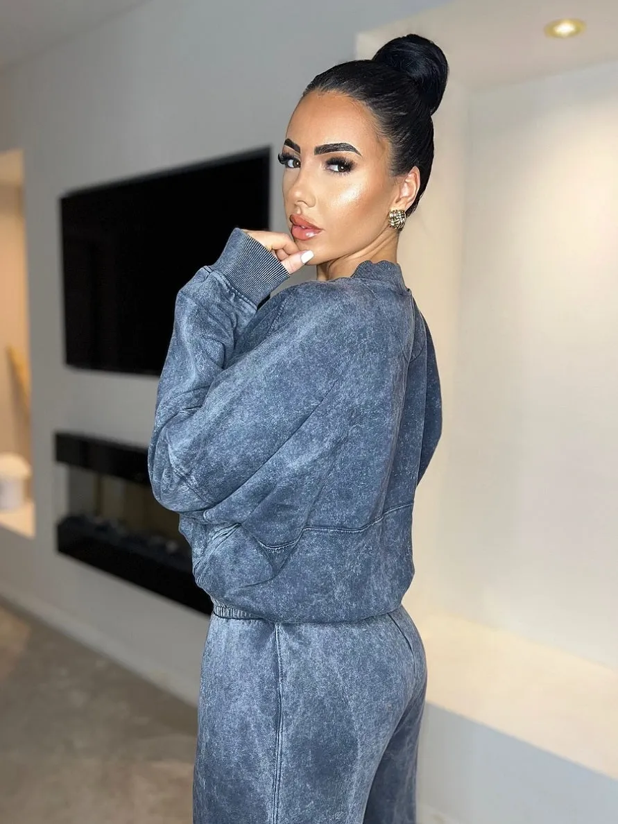 Acid Wash Bomber Style Oversize Fleece Zipper & Jogger Set - Sara sold by Storm Desire product image thumbnail 2