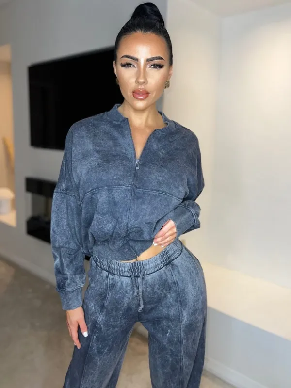 Acid Wash Bomber Style Oversize Fleece Zipper & Jogger Set - Sara sold by Storm Desire
