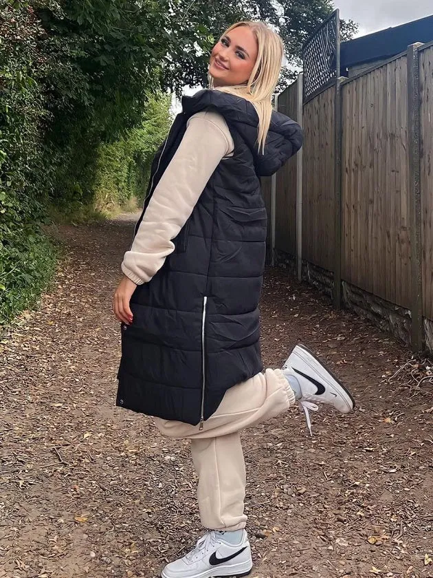 Black Longline Padded Hooded Gilet - Jayla sold by Storm Desire