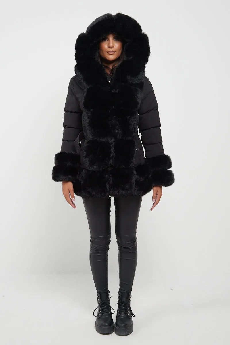 Black Mid Length Belted Faux Fur Trim Puffer Coat - Averie sold by Storm Desire product image thumbnail 5