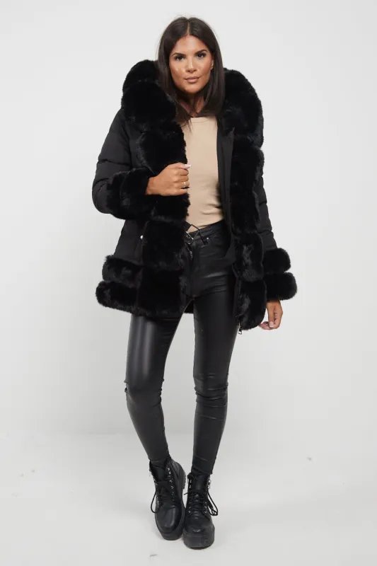 Black Mid Length Belted Faux Fur Trim Puffer Coat - Averie sold by Storm Desire
