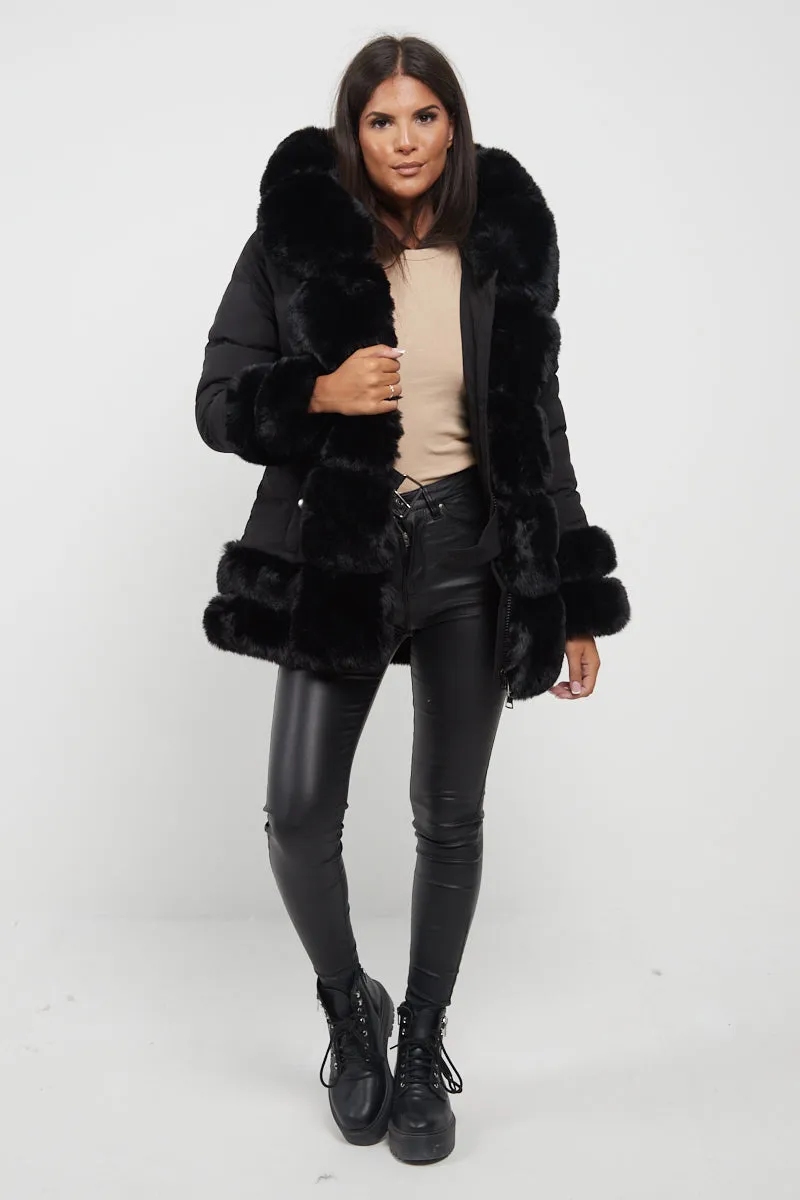 Black Mid Length Belted Faux Fur Trim Puffer Coat - Averie sold by Storm Desire