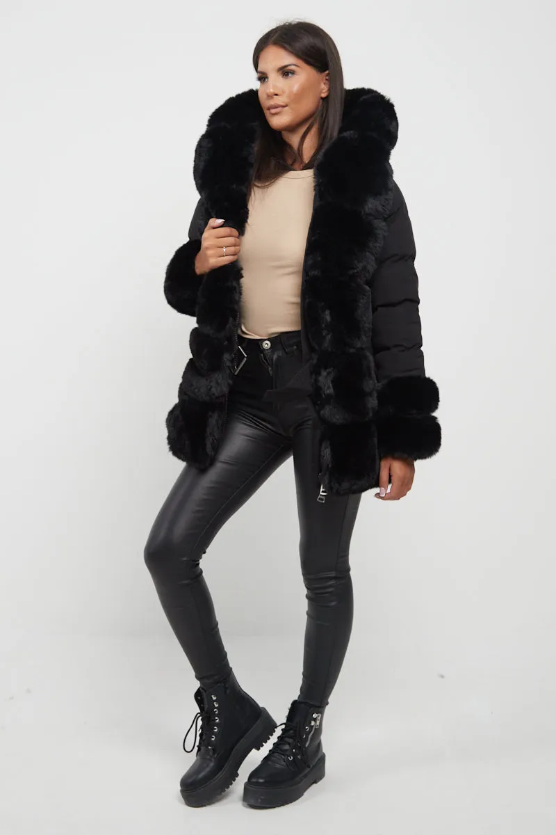 Black Mid Length Belted Faux Fur Trim Puffer Coat - Averie sold by Storm Desire product image thumbnail 4