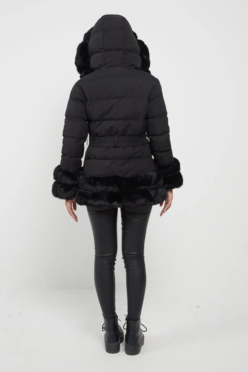 Black Mid Length Belted Faux Fur Trim Puffer Coat - Averie sold by Storm Desire product image thumbnail 3