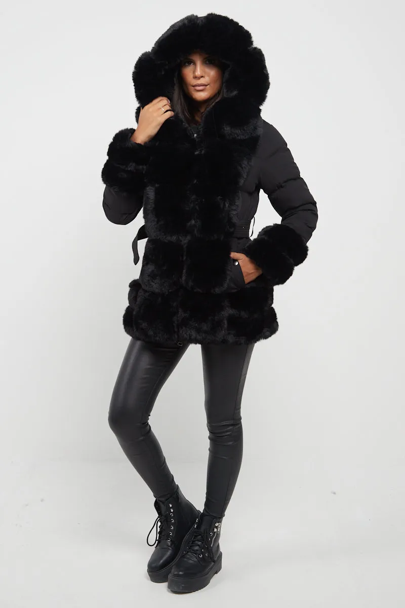 Black Mid Length Belted Faux Fur Trim Puffer Coat - Averie sold by Storm Desire product image thumbnail 2