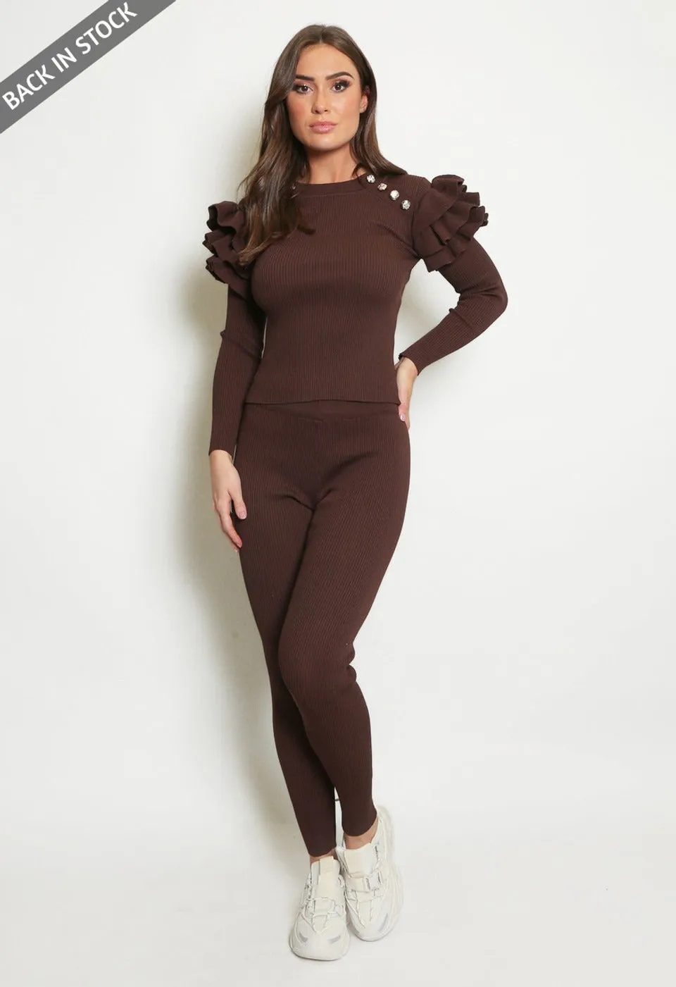 Brown Ribbed Knitted Ruffle Jumper & Legging Set - Lacey sold by Storm Desire
