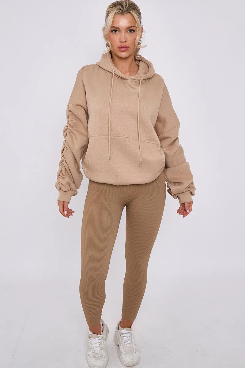 Beige Ribbed Leggings & Ruched Sleeve Hoodie Set - Ellie sold by Storm Desire