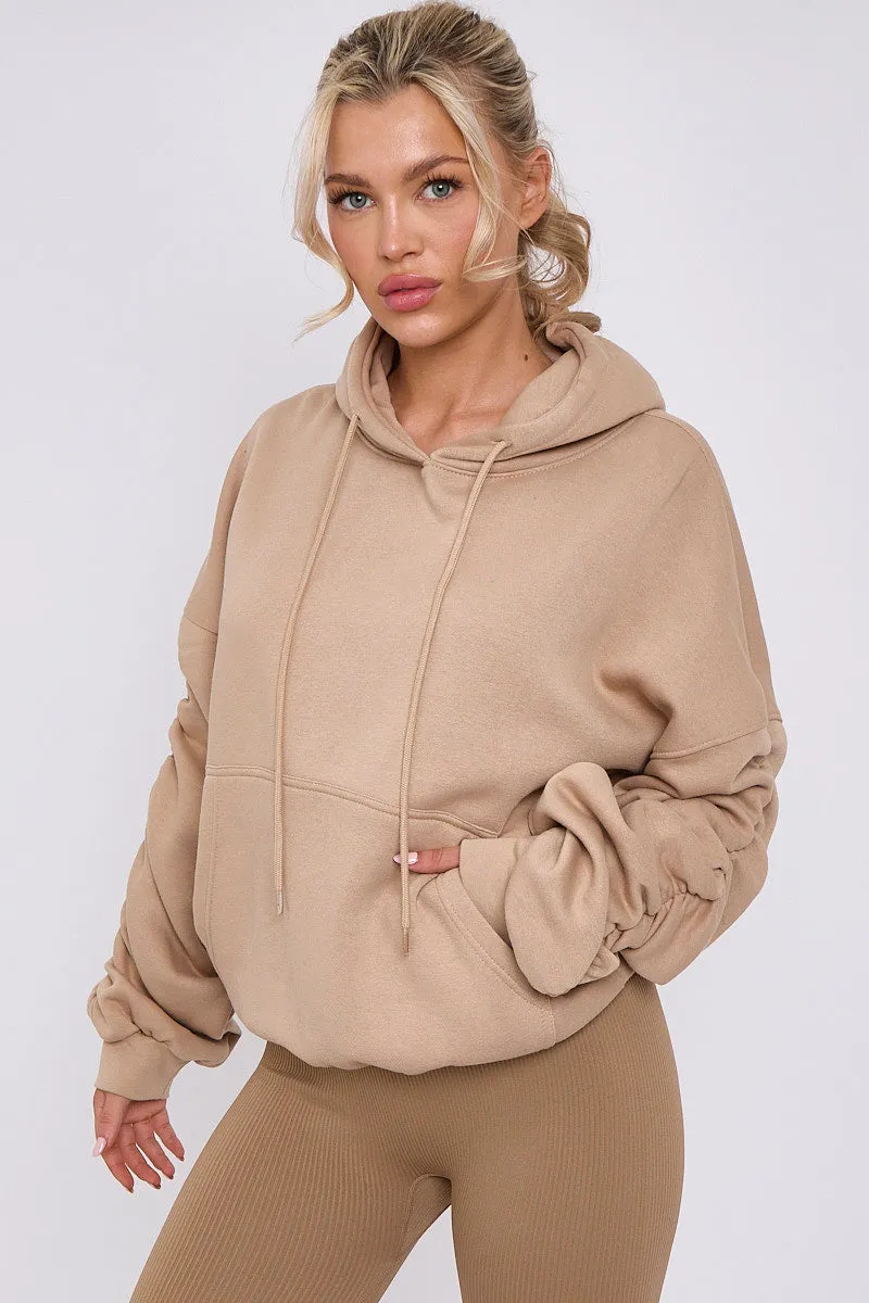 Beige Ribbed Leggings & Ruched Sleeve Hoodie Set - Ellie sold by Storm Desire product image thumbnail 2