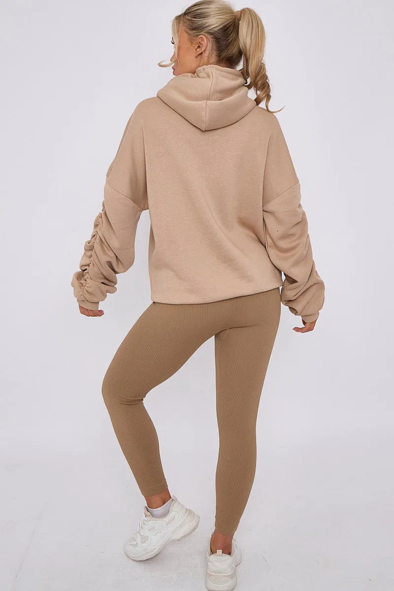 Beige Ribbed Leggings & Ruched Sleeve Hoodie Set - Ellie sold by Storm Desire product image thumbnail 5