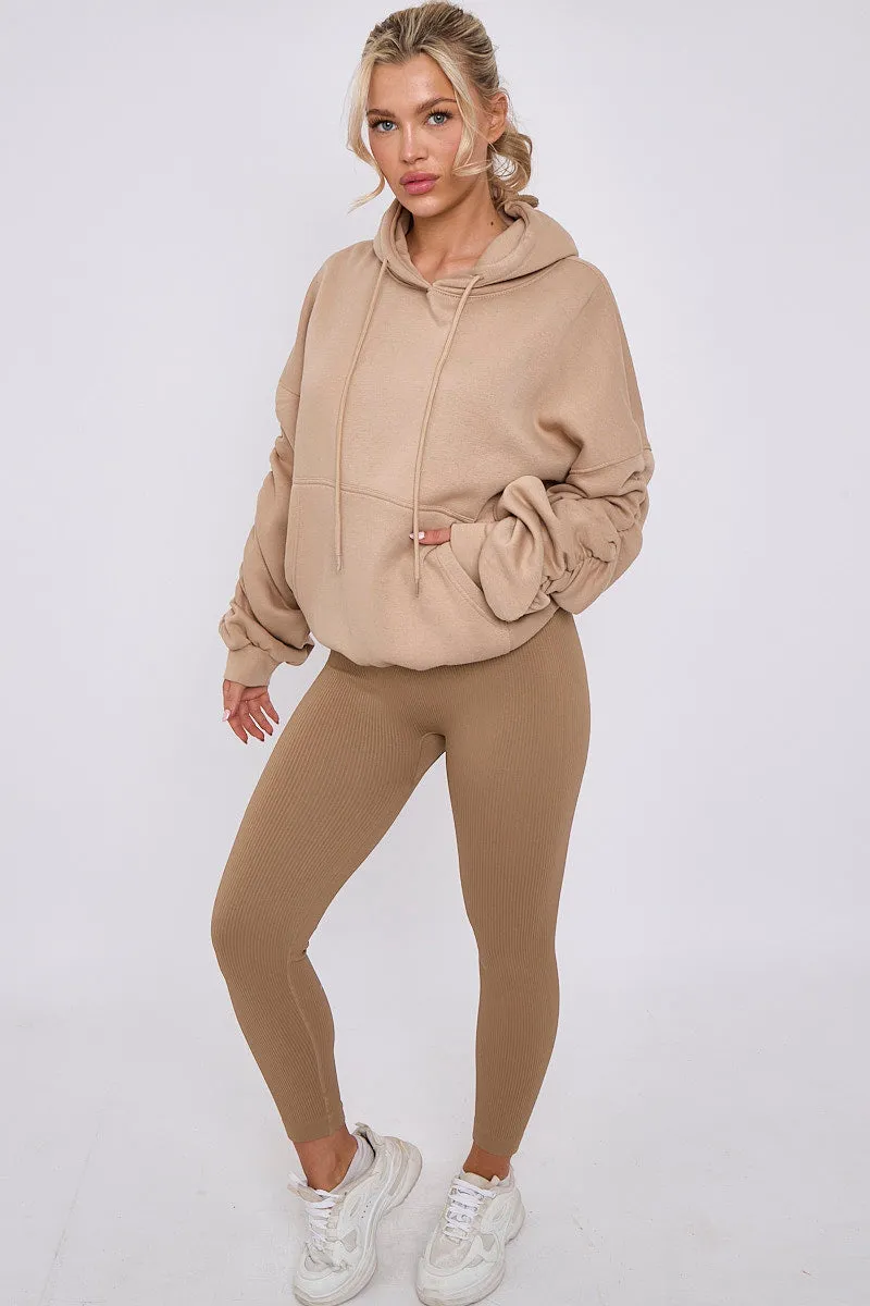 Beige Ribbed Leggings & Ruched Sleeve Hoodie Set - Ellie sold by Storm Desire product image thumbnail 3