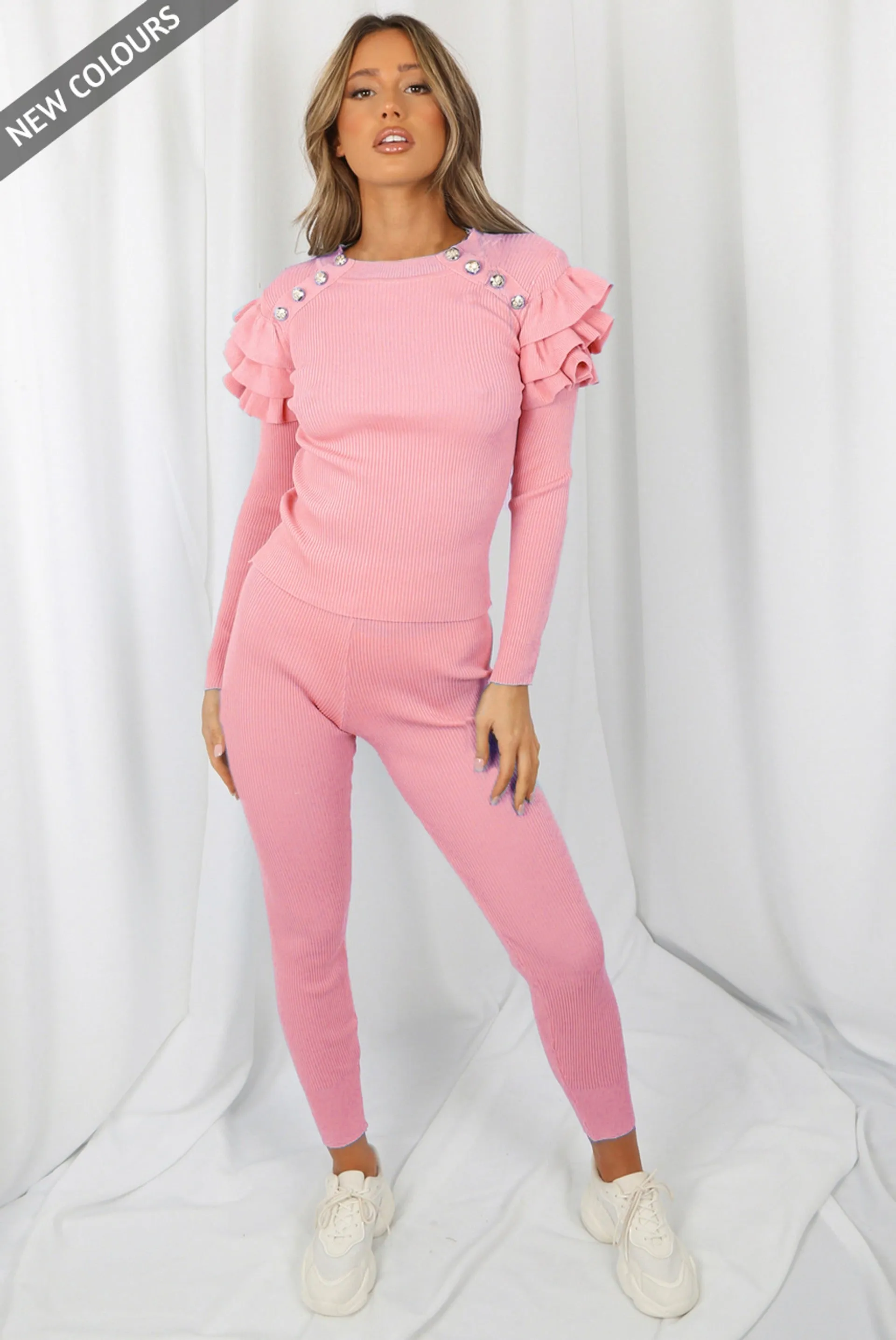 Pink Ribbed Knitted Ruffle Jumper & Legging Set - Lacey sold by Storm Desire