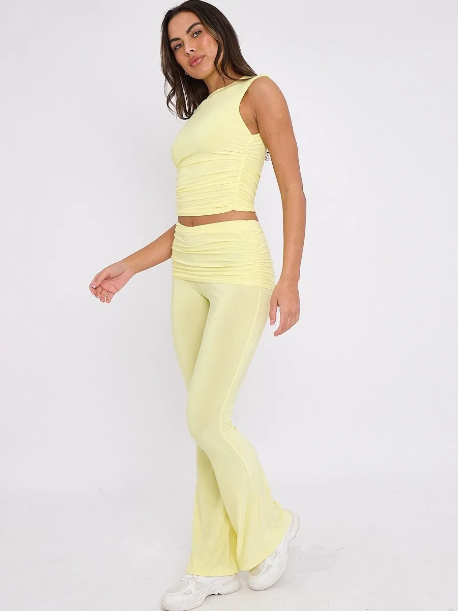 Yellow Ruched Crop Top & Fold Over Flared Trouser Co-ord - Juliette sold by Storm Desire product image thumbnail 3