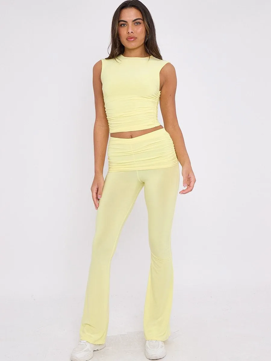 Yellow Ruched Crop Top & Fold Over Flared Trouser Co-ord - Juliette sold by Storm Desire