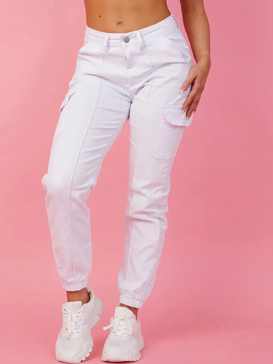 White Cuffed Hem Cargo Trousers - Emely sold by Storm Desire product image thumbnail 3