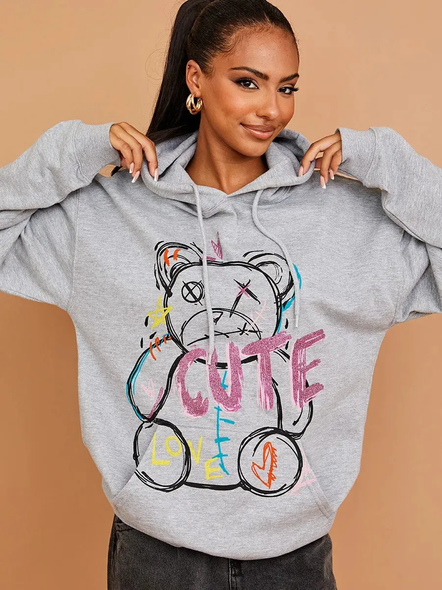 Grey Cute Teddy Graphic Print Hoodie - Siena sold by Storm Desire