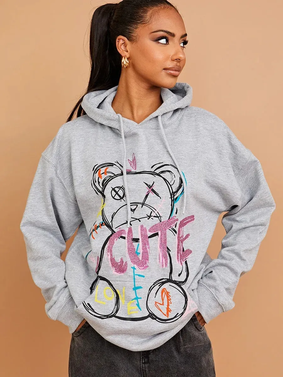 Grey Cute Teddy Graphic Print Hoodie - Siena sold by Storm Desire product image thumbnail 2