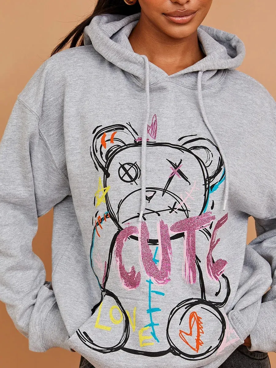 Grey Cute Teddy Graphic Print Hoodie - Siena sold by Storm Desire product image thumbnail 3