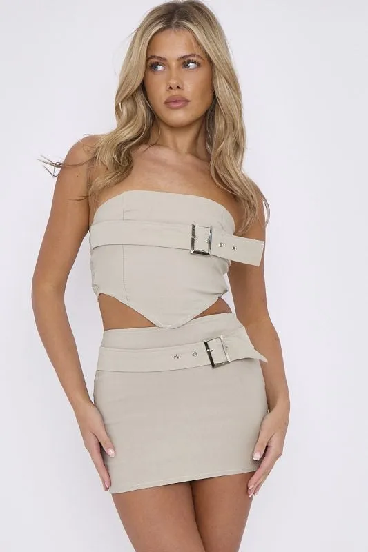 Black Buckle Bandeau Crop Top & Mini Skirt Co-ord - Eva sold by Storm Desire