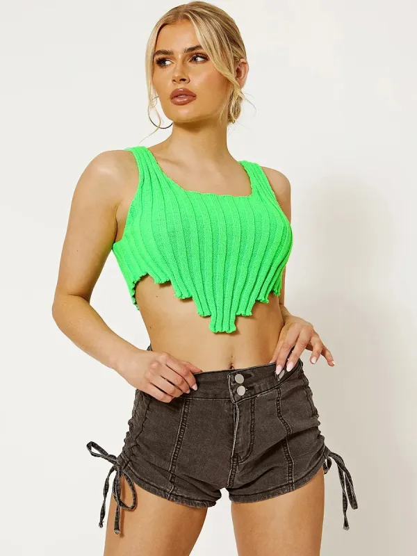 Neon Green Asymmetric Hem Knitted Vest Crop Top - Annika sold by Storm Desire