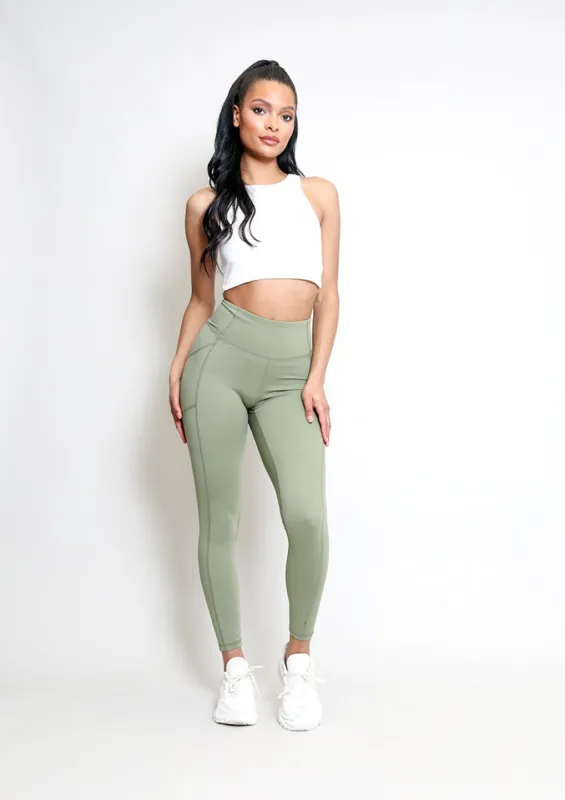 Khaki Green Side Pocket High Waist Leggings - Hazel sold by Storm Desire