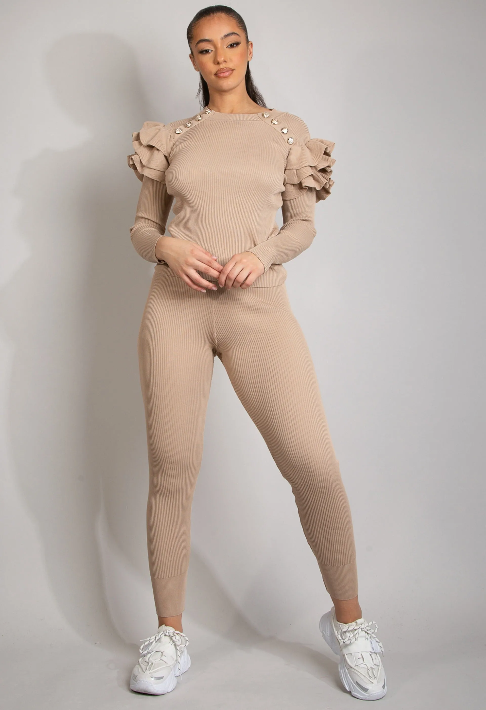 Beige Ribbed Knitted Ruffle Jumper & Legging Set - Lacey sold by Storm Desire