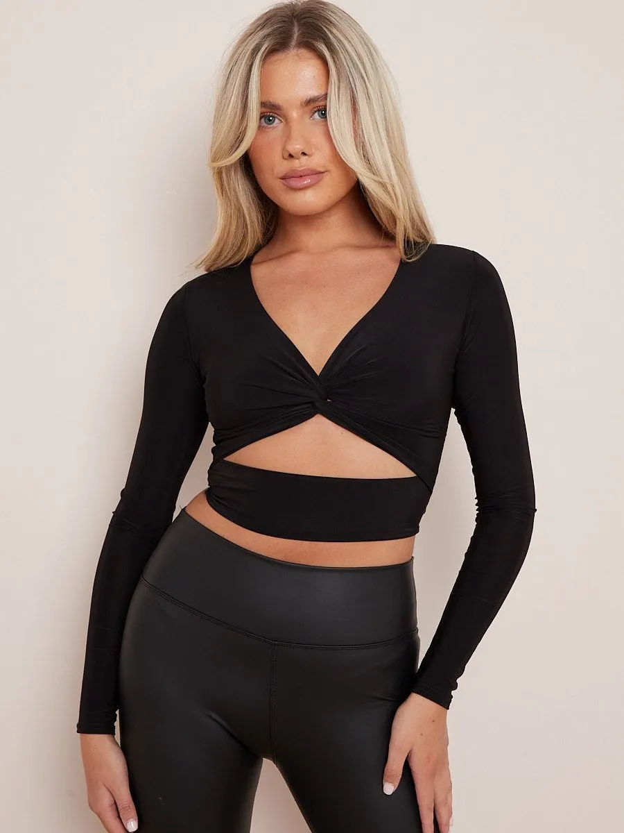 Black Long Sleeves Twist Knot Cut Out Crop Top - Riley sold by Storm Desire