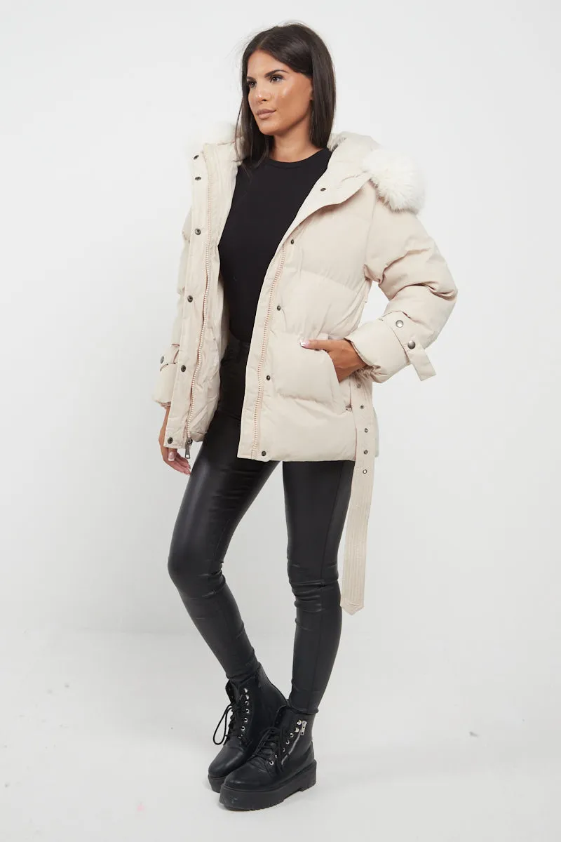 Light Beige Side Flap Faux Fur Hood Puffer Coat - Rosa sold by Storm Desire product image thumbnail 4