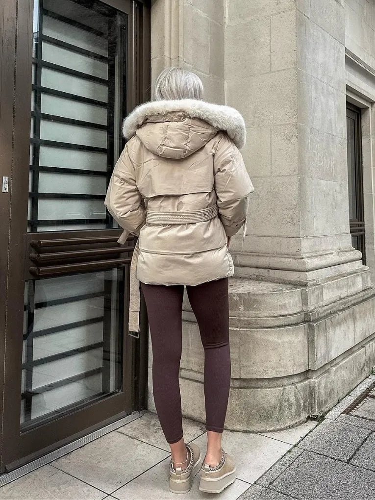 Light Beige Side Flap Faux Fur Hood Puffer Coat - Rosa sold by Storm Desire product image thumbnail 2
