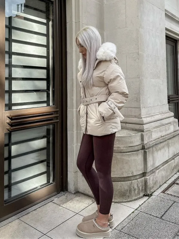 Light Beige Side Flap Faux Fur Hood Puffer Coat - Rosa made by Storm Desire