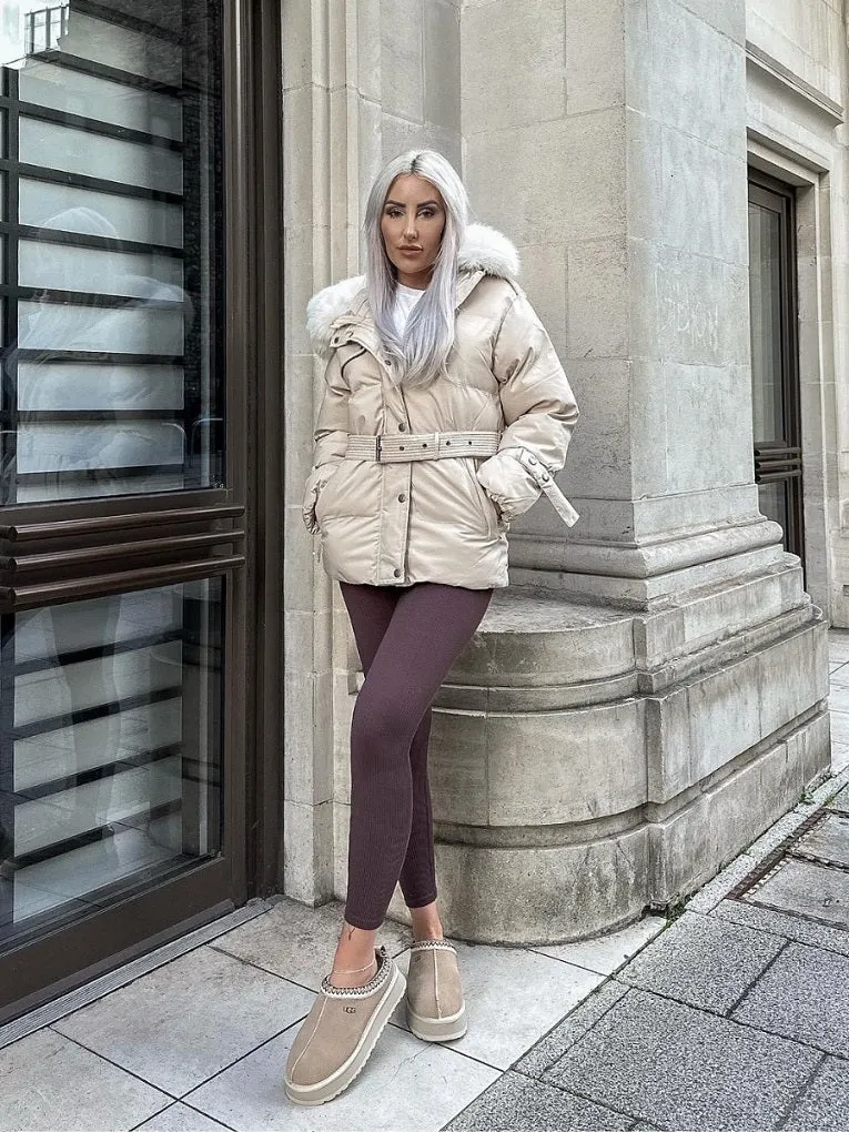 Light Beige Side Flap Faux Fur Hood Puffer Coat - Rosa sold by Storm Desire product image thumbnail 3