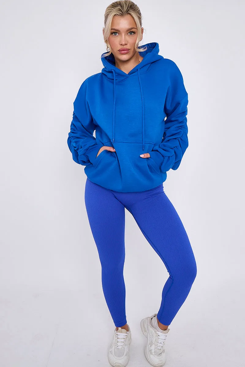 Royal Blue Ribbed Leggings & Ruched Sleeve Hoodie Set - Ellie sold by Storm Desire