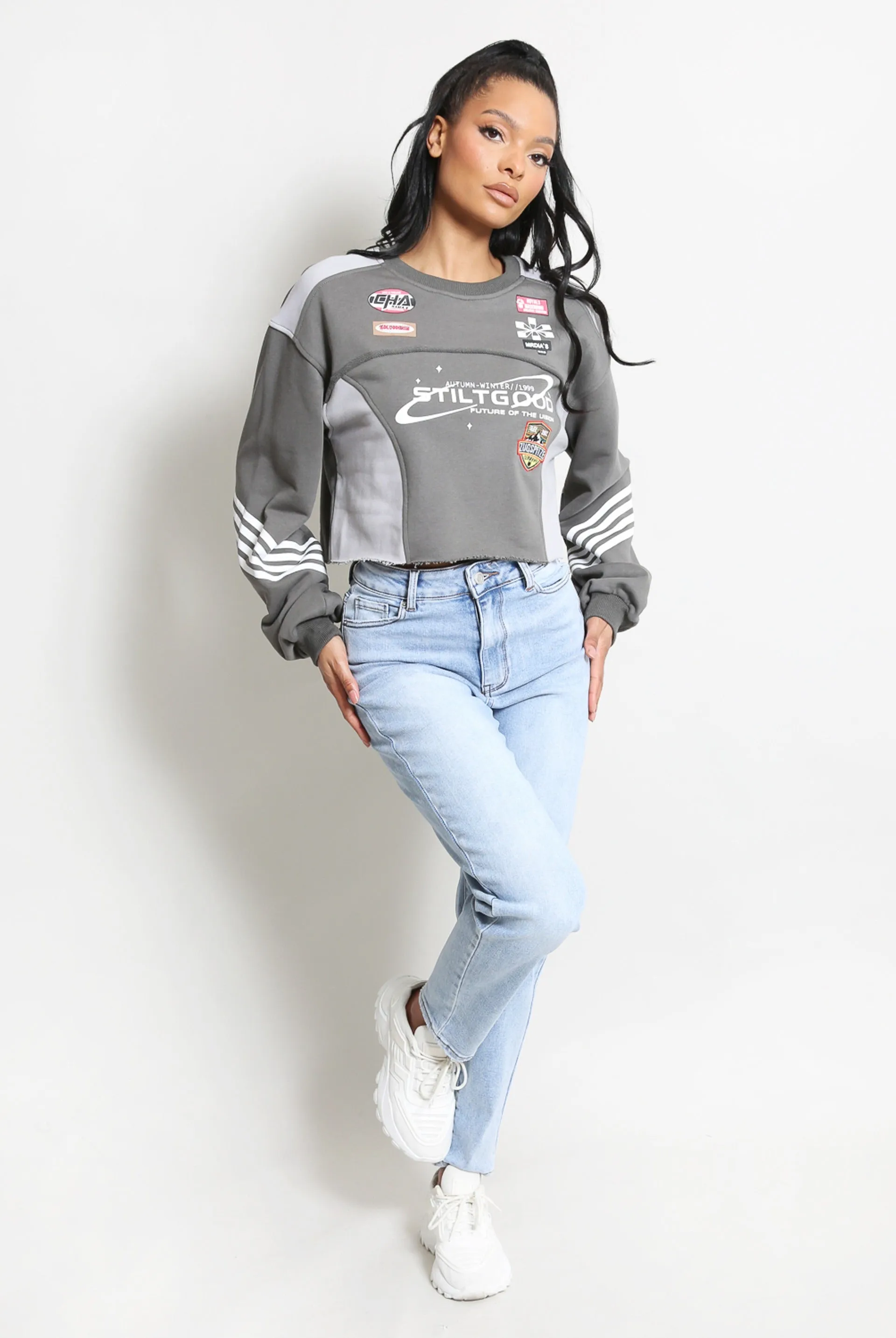 Grey Cropped Slogan Racing Sweatshirt - Grace sold by Storm Desire product image thumbnail 2