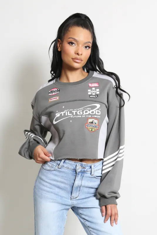 Grey Cropped Slogan Racing Sweatshirt - Grace sold by Storm Desire