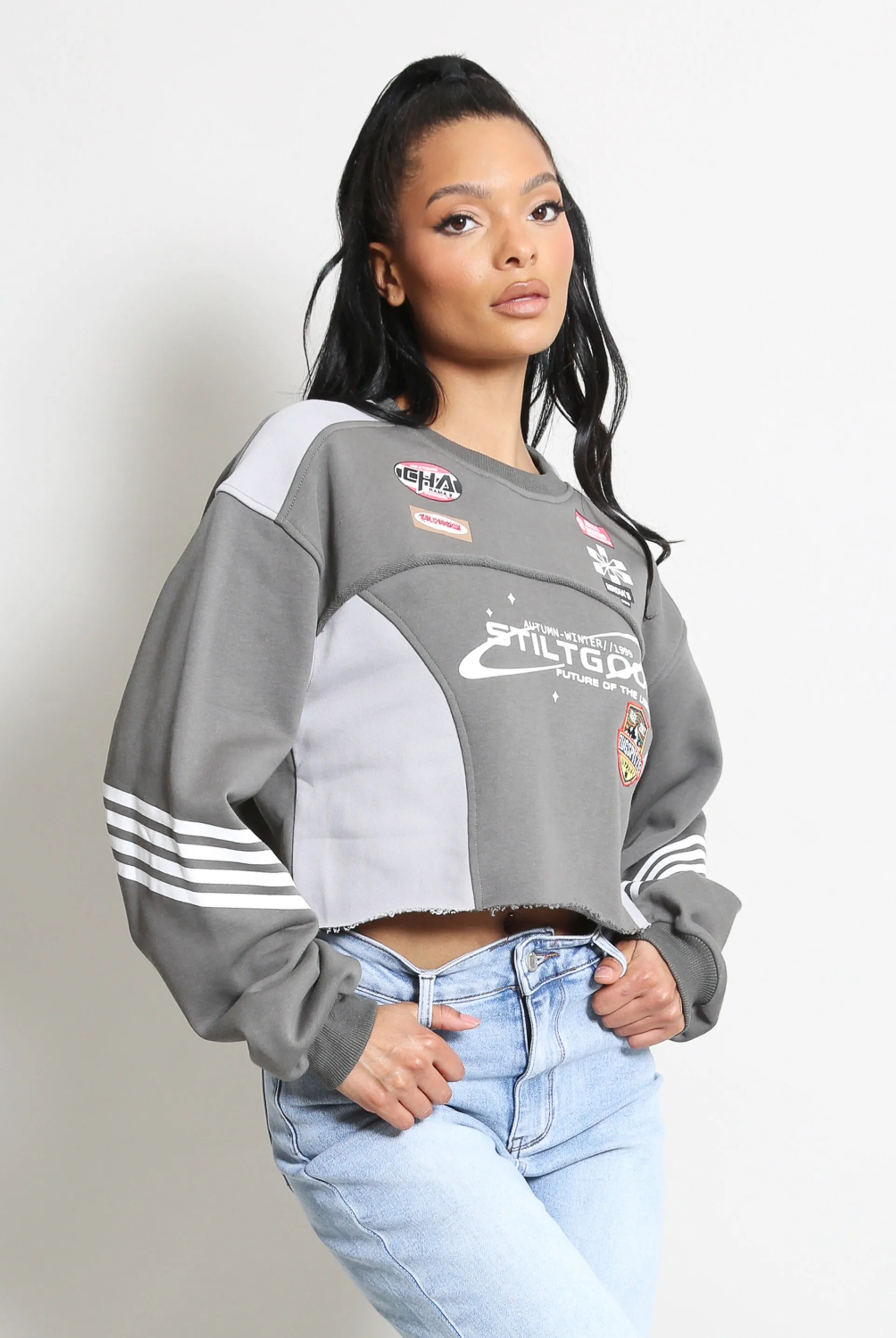 Grey Cropped Slogan Racing Sweatshirt - Grace sold by Storm Desire product image thumbnail 3