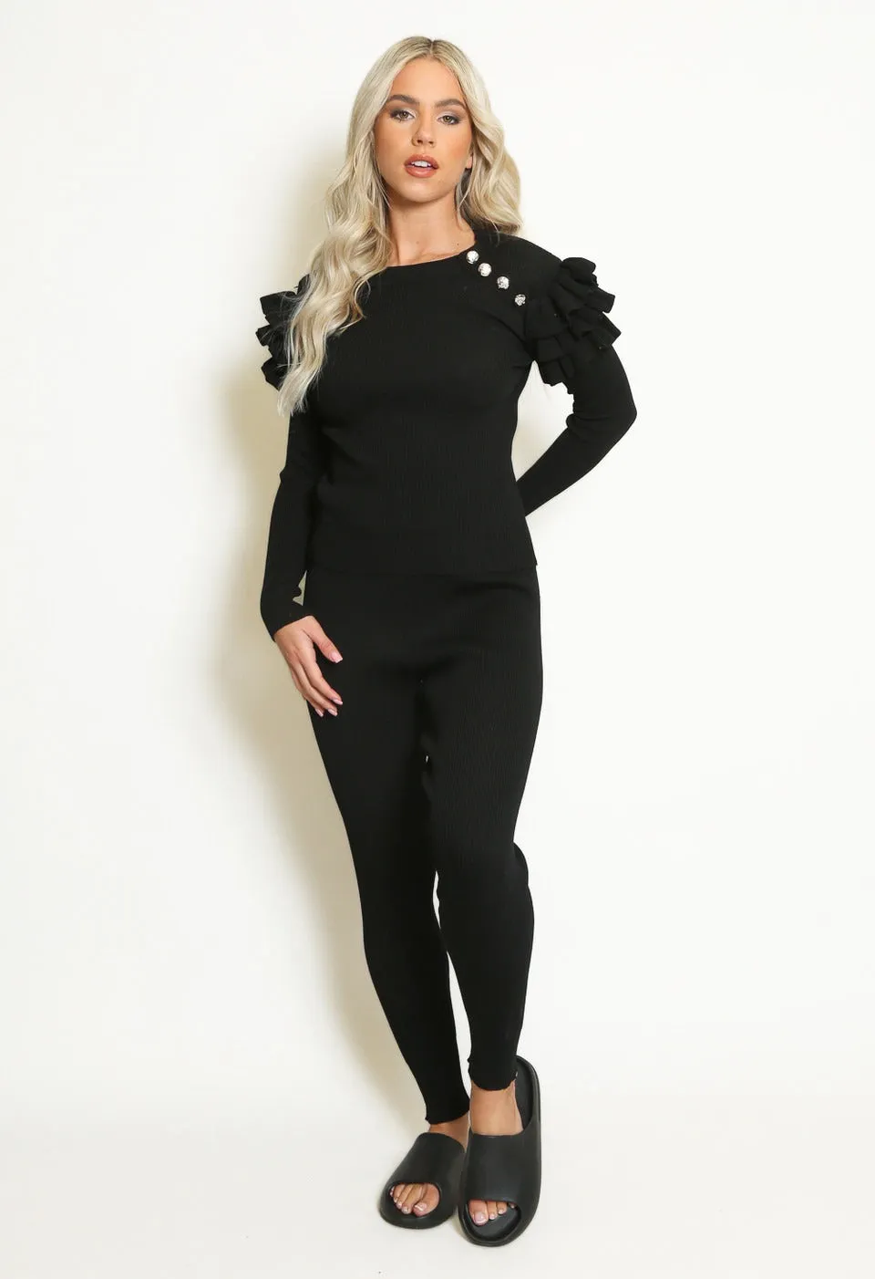 Black Ribbed Knitted Ruffle Jumper & Legging Set - Lacey sold by Storm Desire