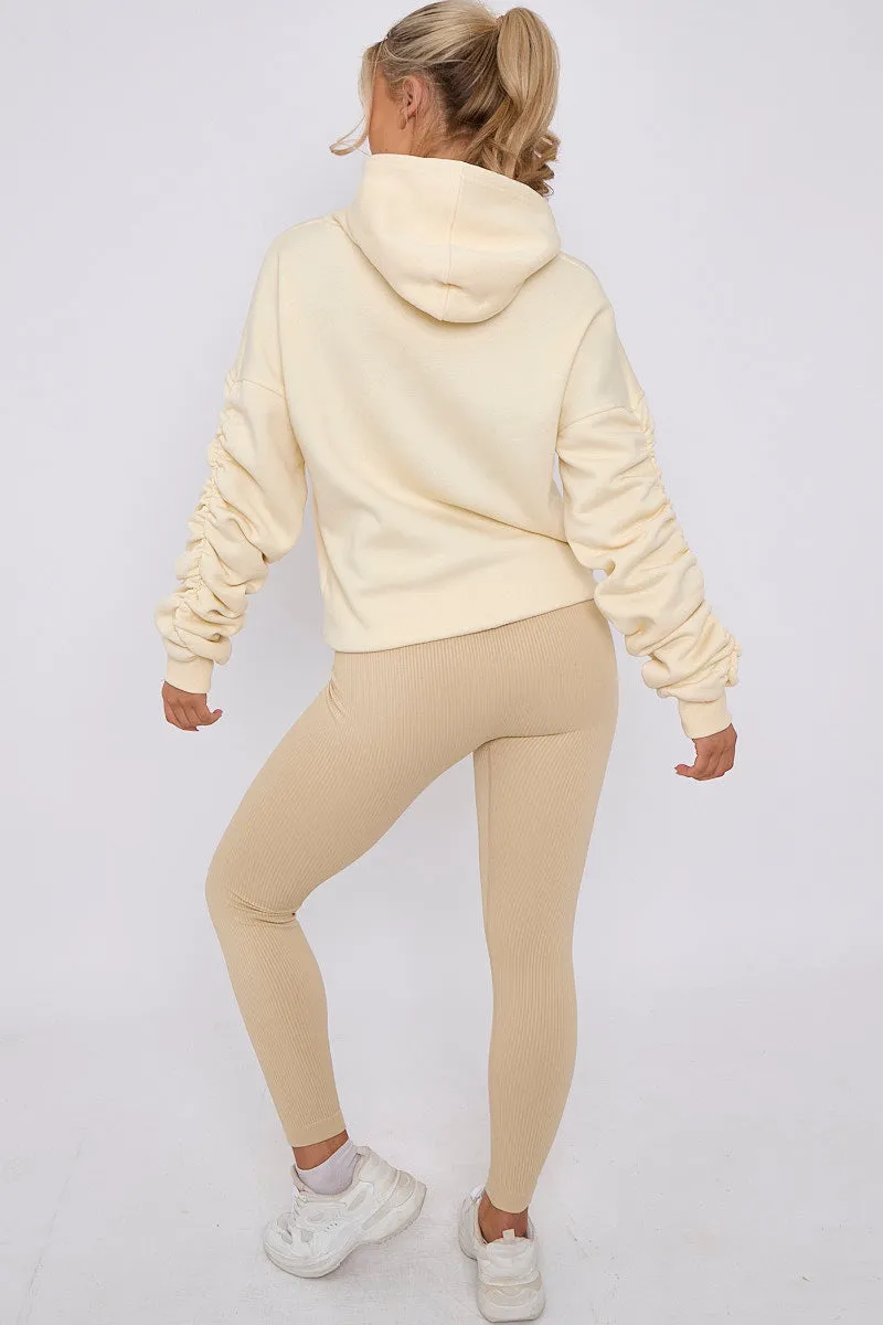 Cream Ribbed Leggings & Ruched Sleeve Hoodie Set - Ellie sold by Storm Desire product image thumbnail 3