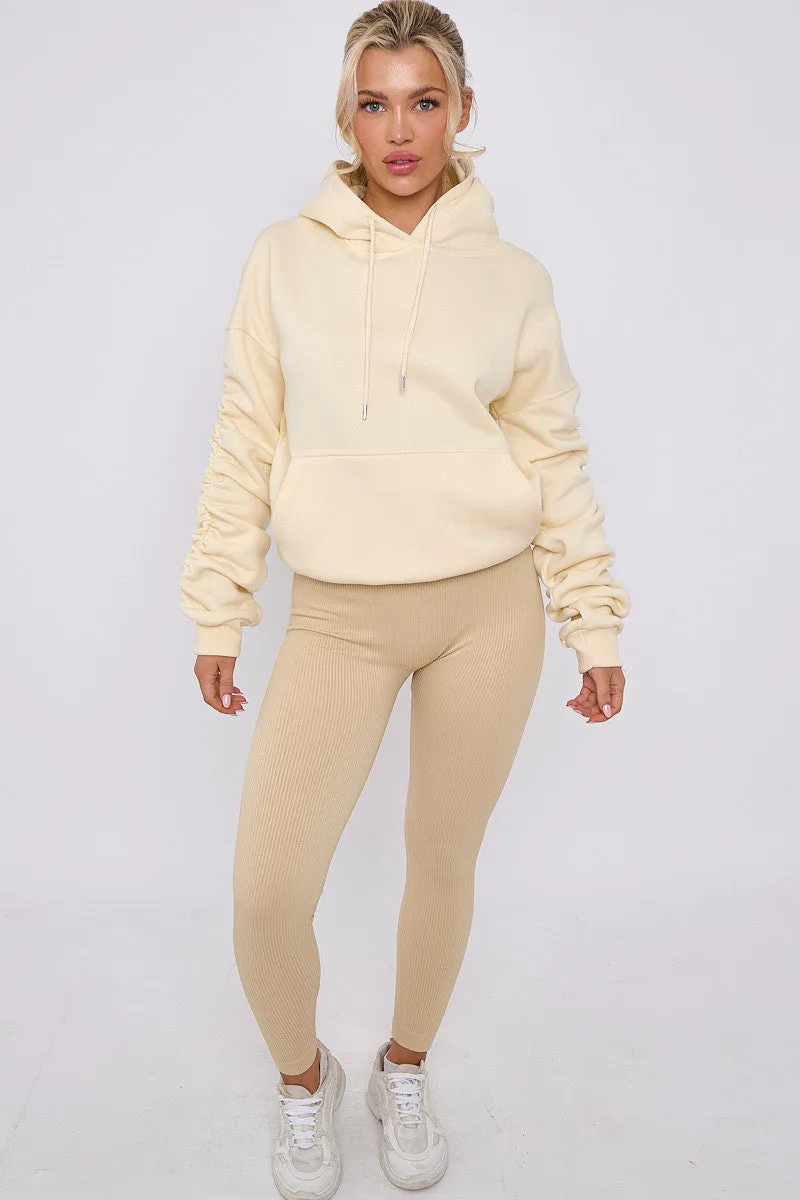 Cream Ribbed Leggings & Ruched Sleeve Hoodie Set - Ellie sold by Storm Desire