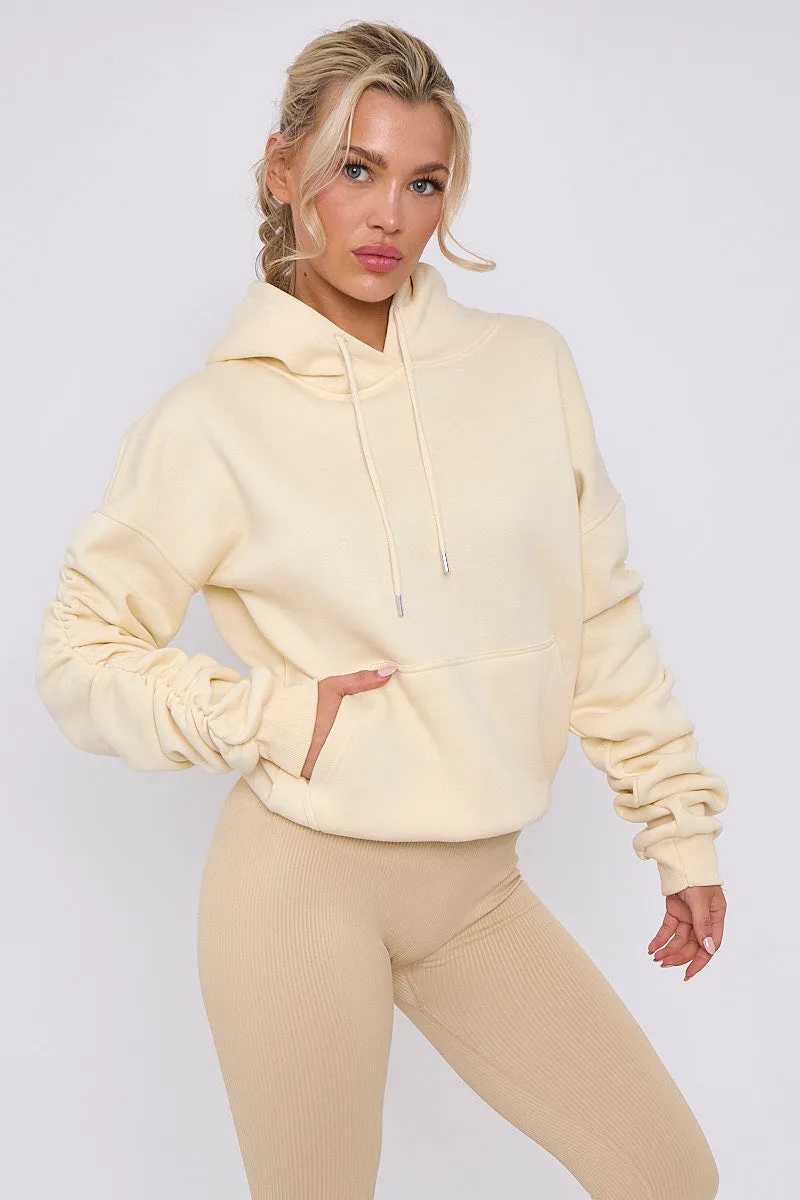 Cream Ribbed Leggings & Ruched Sleeve Hoodie Set - Ellie sold by Storm Desire product image thumbnail 4
