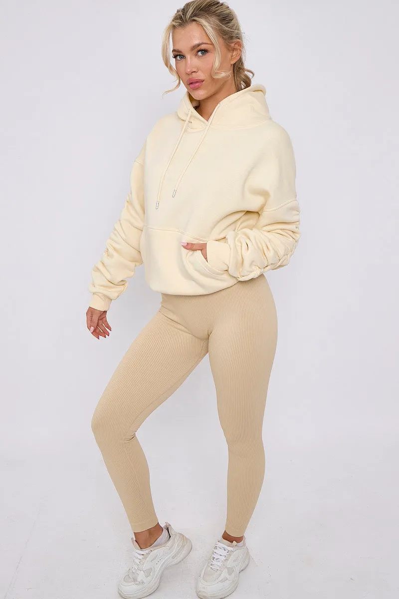 Cream Ribbed Leggings & Ruched Sleeve Hoodie Set - Ellie sold by Storm Desire product image thumbnail 2