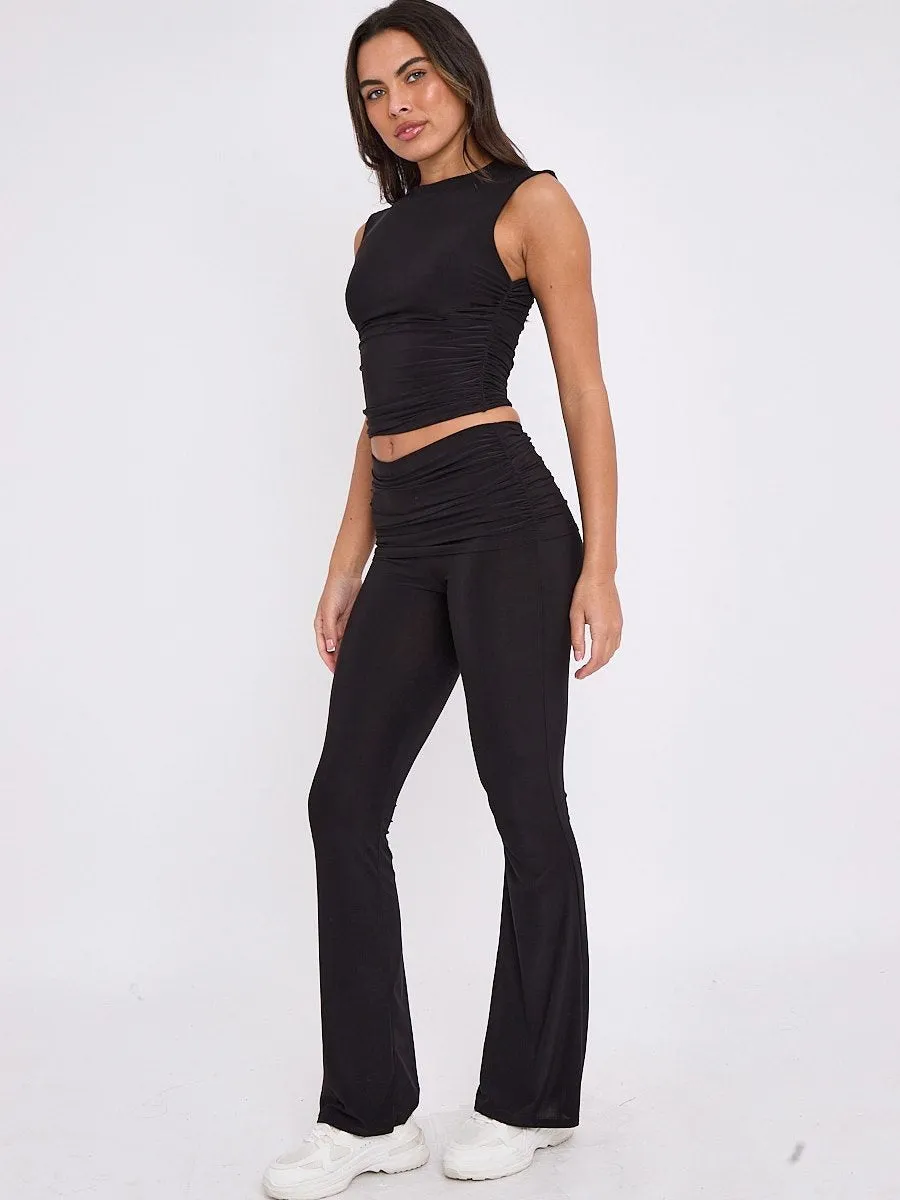 Black Ruched Crop Top & Fold Over Flared Trouser Co-ord - Juliette sold by Storm Desire product image thumbnail 2
