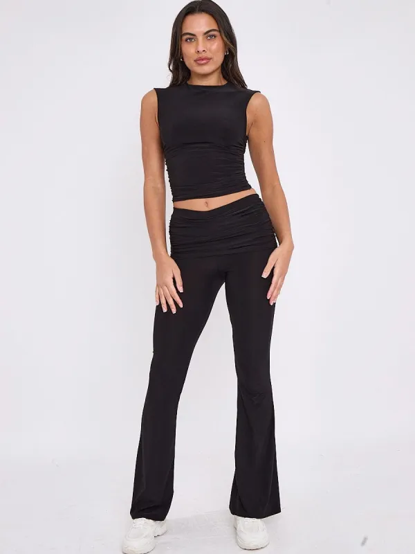 Black Ruched Crop Top & Fold Over Flared Trouser Co-ord - Juliette sold by Storm Desire