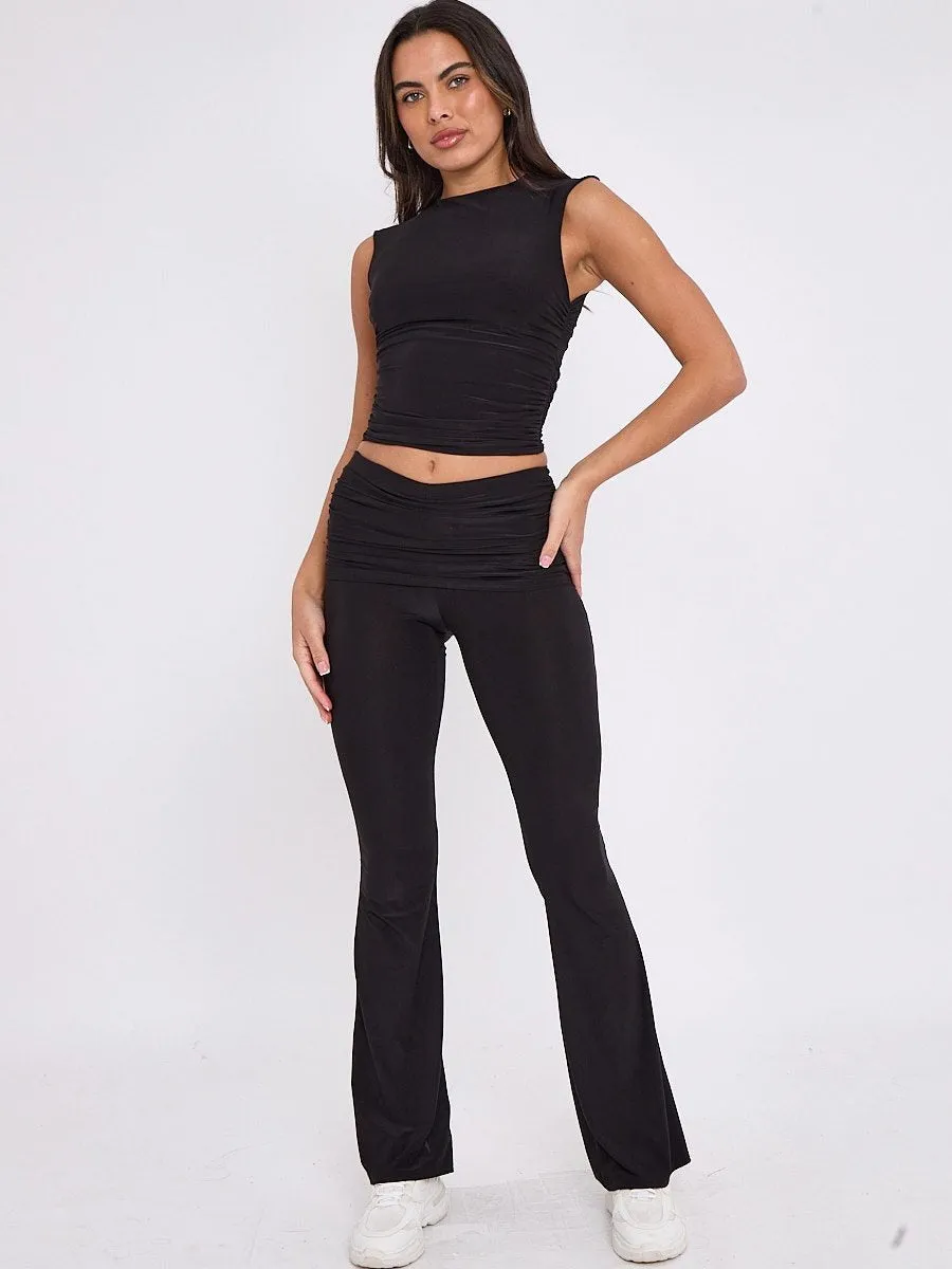 Black Ruched Crop Top & Fold Over Flared Trouser Co-ord - Juliette sold by Storm Desire product image thumbnail 4