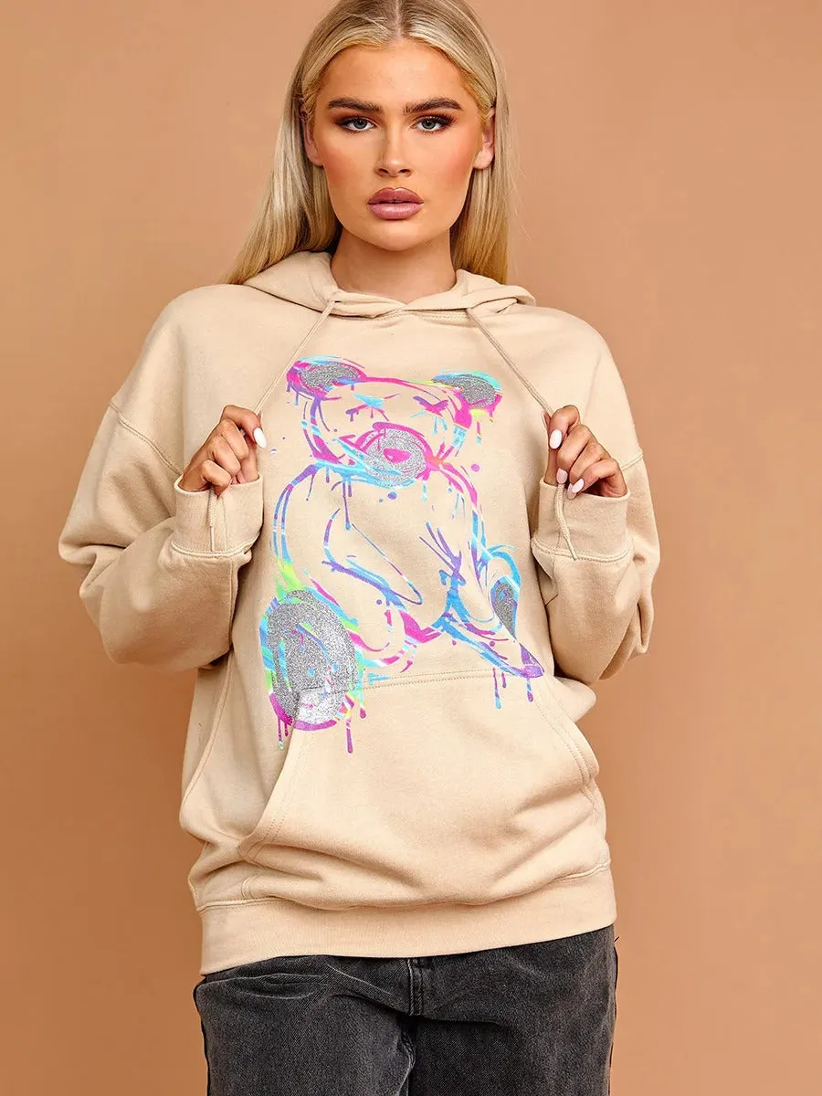 Beige Neon Print Teddy Graphic Hoodie - Marilyn sold by Storm Desire product image thumbnail 2