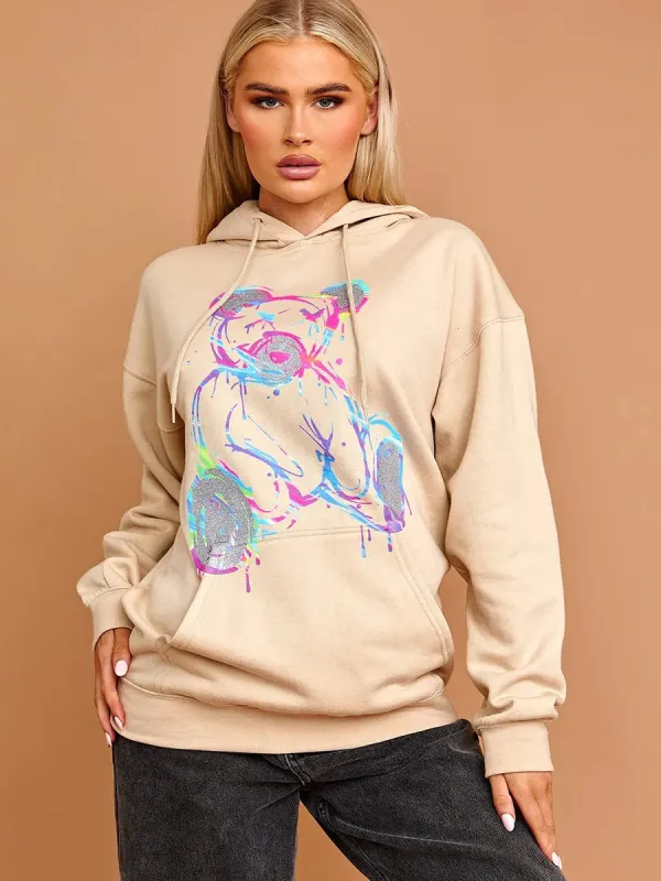 Beige Neon Print Teddy Graphic Hoodie - Marilyn sold by Storm Desire