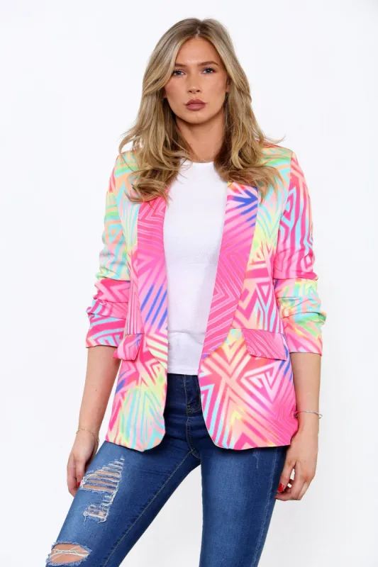Pink Geometric Print Open Blazer - Abby sold by Storm Desire