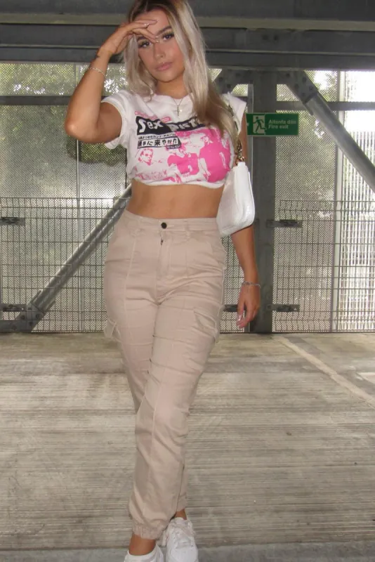 Beige Cuffed Hem Cargo Trousers - Emely sold by Storm Desire
