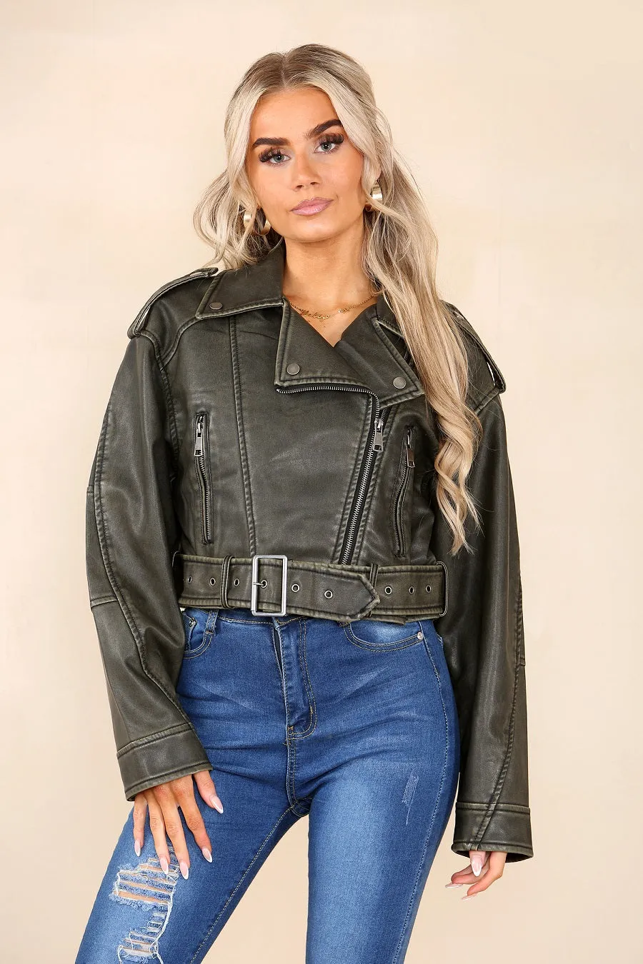 Khaki Green Faux Leather Zipped Biker Jacket - Stormi sold by Storm Desire product image thumbnail 4