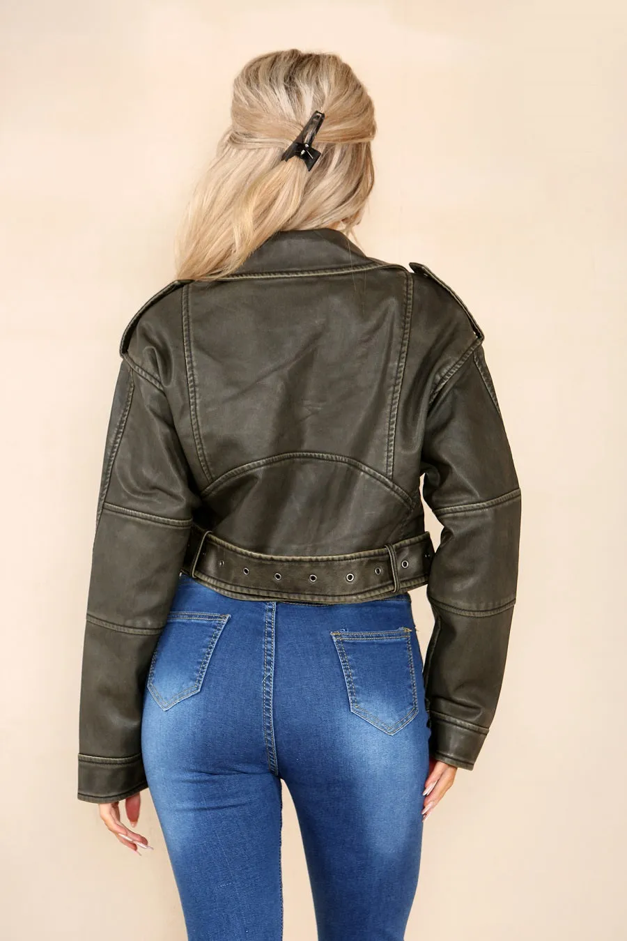 Khaki Green Faux Leather Zipped Biker Jacket - Stormi sold by Storm Desire product image thumbnail 5