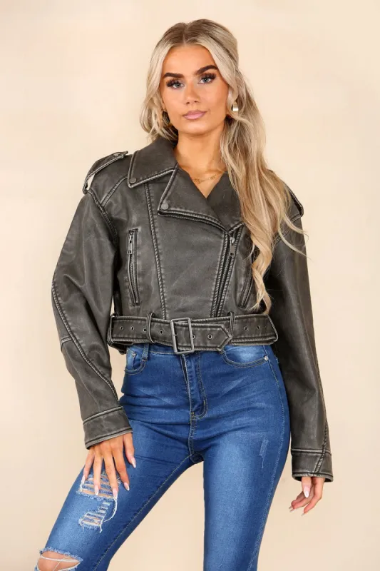 Khaki Green Faux Leather Zipped Biker Jacket - Stormi sold by Storm Desire